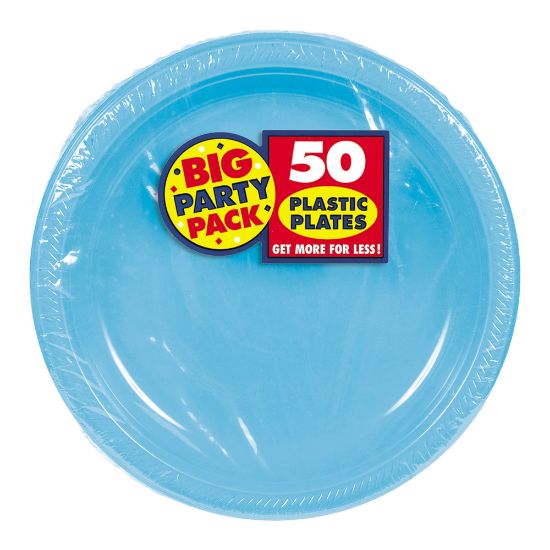 Picture of Amscan Plastic Dessert Plates, 7in, Caribbean Blue, 50 Plates Per Big Party Pack, Set Of 2 Packs