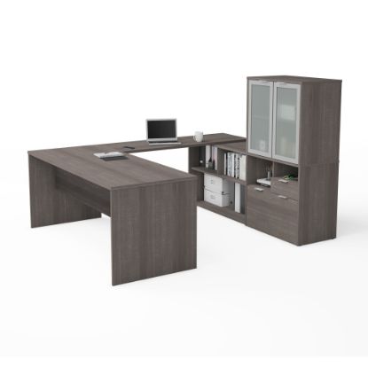 Picture of Bestar i3 Plus 72inW U-Shaped Executive Computer Desk With Frosted Glass Doors Hutch, Bark Gray