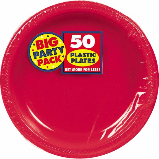 Picture of Amscan Plastic Plates, 10-1/4in, Apple Red, 50 Plates Per Big Party Pack, Set Of 2 Packs