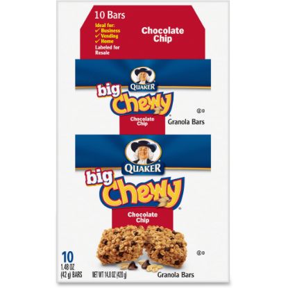 Picture of Quaker Oats Chocolate Chip Big Chewy Granola Bar - Individually Wrapped - Chocolate Chip - Box - 1.48 oz - 10 / Box