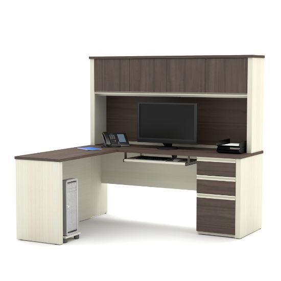 Picture of Bestar Prestige + 72inW L-Shaped Corner Desk With Pedestal And Hutch, White Chocolate/Antigua