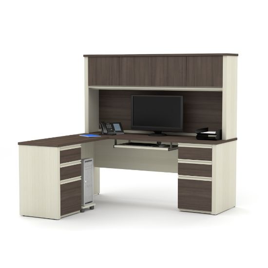 Picture of Bestar Prestige + 72inW Modern L-Shaped Corner Desk With 2 Pedestals And Hutch, White Chocolate/Antigua