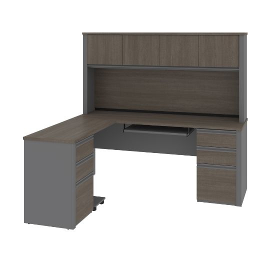 Picture of Bestar Prestige + 72inW Modern L-Shaped Corner Desk With 2 Pedestals And Hutch, Bark Gray/Slate