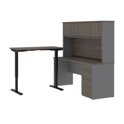 Picture of Bestar Prestige + 72inW L-Shaped Standing Corner Desk With Pedestal And Hutch, Bark Gray/Slate