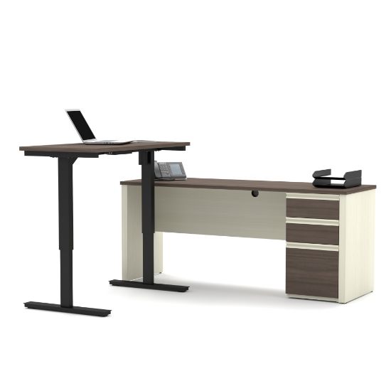 Picture of Bestar Prestige + 72inW L-Shaped Standing Corner Desk With Pedestal, White Chocolate/Antigua