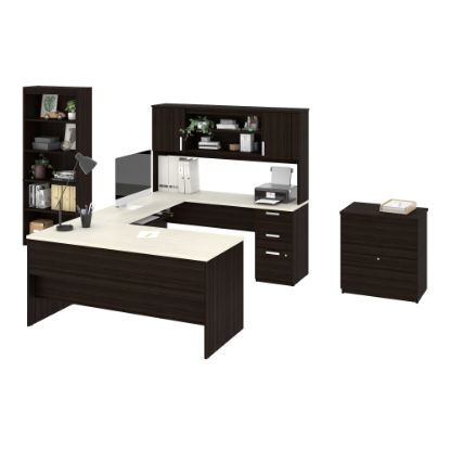 Picture of Bestar Ridgeley U-Shaped Desk With Hutch, Lateral File Cabinet And Bookcase, White Chocolate