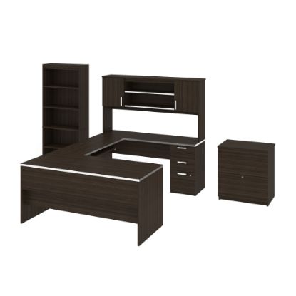 Picture of Bestar Ridgeley 65inW U-Shaped Desk With Hutch, Lateral File Cabinet And Bookcase, Dark Chocolate