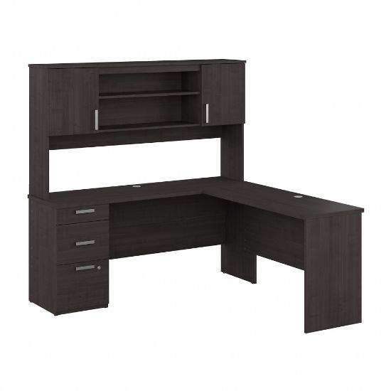 Picture of Bestar Ridgeley 65inW L-Shaped Corner Desk With Hutch, Charcoal Maple