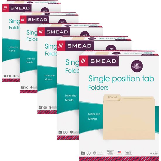 Picture of Smead Top Tab File Folders, Letter Size, 8 1/2in x 11in, 1/3 Tab Cut, Left Tab Position, 3/4in Expansion, Manila, Carton Of 500 Folders