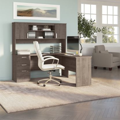 Picture of Bestar Ridgeley 65inW L-Shaped Corner Desk With Hutch, Medium Gray Maple