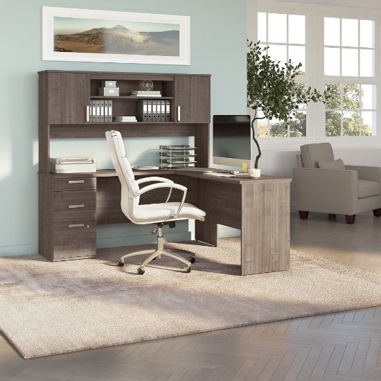 Picture of Bestar Ridgeley 65inW L-Shaped Corner Desk With Hutch, Medium Gray Maple