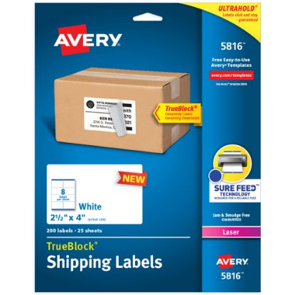 Picture of Avery TrueBlock Shipping Labels With Sure Feed Technology, 5816, Rectangle, 2.5in x 4in, White, Pack Of 200