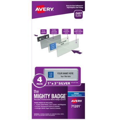 Picture of Avery The Mighty Badge Magnetic Badges For Inkjet Printers, 1in x 3in, Silver, Pack Of 4 Badges