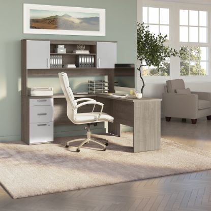 Picture of Bestar Ridgeley 65inW L-Shaped Corner Desk With Hutch, Silver Maple/Pure White