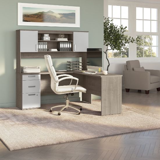 Picture of Bestar Ridgeley 65inW L-Shaped Corner Desk With Hutch, Silver Maple/Pure White