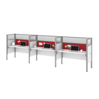 Picture of Bestar Pro-Biz 183inW 3-Person Computer Desk Office Cubicles With Tack Boards And High Privacy Panels, Red/White