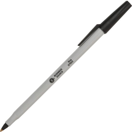 Picture of Business Source Fine Point Ballpoint Stick Pens - Fine Pen Point - Black - Light Gray Barrel - Stainless Steel Tip - 1 Dozen