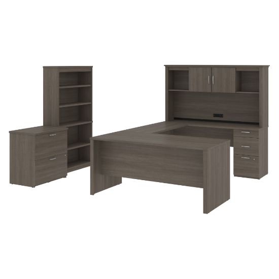 Picture of Bestar Logan U-Shaped Desk With Hutch, Lateral File Cabinet And Bookcase, Bark Gray