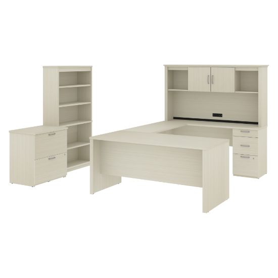 Picture of Bestar Logan U-Shaped Desk With Hutch, Lateral File Cabinet And Bookcase, White Chocolate