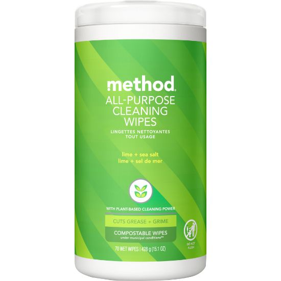 Picture of Method All-Purpose Cleaning Wipes, 3in x 4in, Lime + Seasalt Scent, Green, Tub Of 70