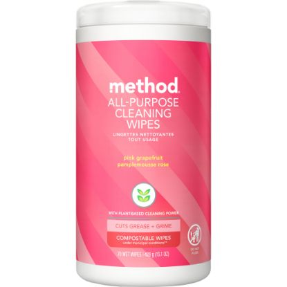 Picture of Method All-Purpose Cleaning Wipes, 3in x 4in, Pink Grapefruit Scent, Pink, Tub Of 70