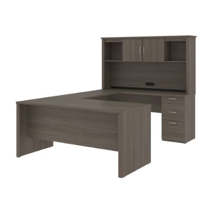 Picture of Bestar Logan 66inW U- Or L-Shaped Executive Corner Desk With Pedestal And Hutch, Bark Gray