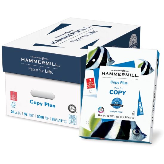 Picture of Hammermill Copy Plus 3-Hole Punched Multi-Use Printer & Copy Paper, 10 Reams, White, Letter (8.5in x 11in), 5000 Sheets Per Case, 20 Lb, 92 Brightness