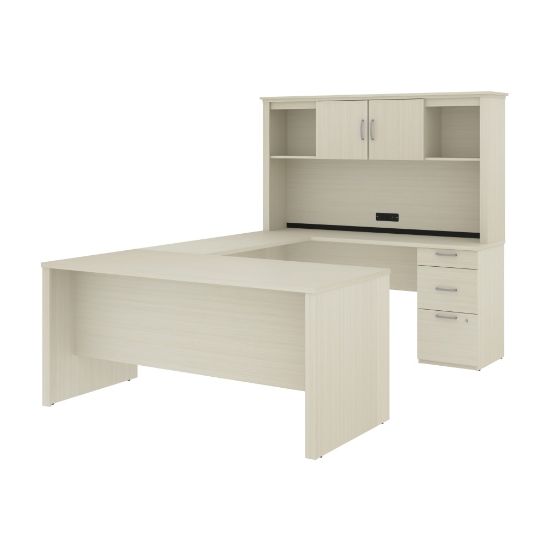 Picture of Bestar Logan 66inW U- Or L-Shaped Executive Corner Desk With Pedestal And Hutch, White Chocolate