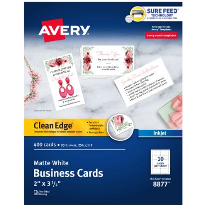 Picture of Avery Clean Edge Printable Business Cards With Sure Feed Technology For Inkjet Printers, 2in x 3.5in, White, 400 Blank Cards