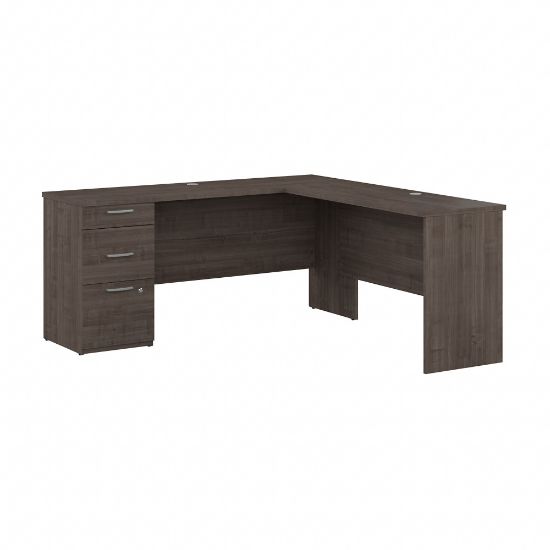 Picture of Bestar Logan 65inW L-Shaped Corner Desk With Drawers, Medium Gray Maple