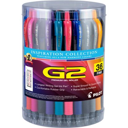 Picture of Pilot G2 Inspiration Gel Pens, Fine Point, 0.7 mm, Clear Barrels, Assorted Ink, Tub Of 36 Pens