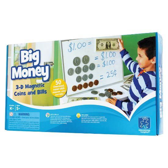 Picture of Educational Insights Big Money Magnetic Coins And Bills, 16inH x 9inW x 2 1/2inD, Kindergarten - Grade 5, Pack Of 50