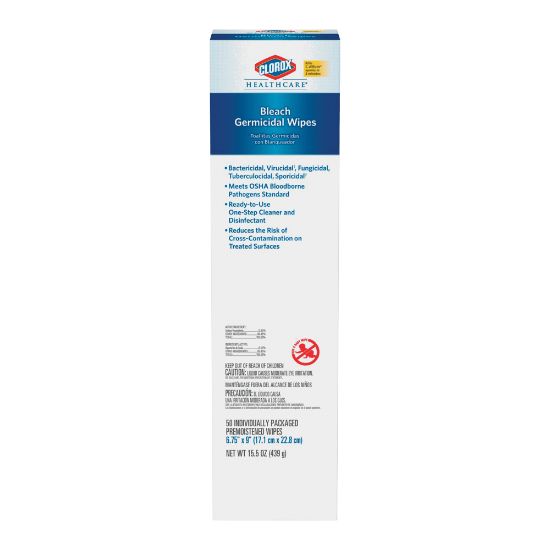 Picture of Clorox Healthcare Bleach Germicidal Wipes - Ready-To-Use - 50 / Pack - 1 Each - Pre-moistened, Anti-bacterial, Disinfectant, Anti-corrosive - White