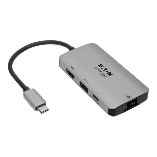 Picture of Eaton Tripp Lite Series USB C Multiport Adapter Converter w/ 4K HDMI Gigabit Ethernet Port & USB-A Hub, Thunderbolt 3 Compatible PD Charging - Docking station - USB-C 3.1 / Thunderbolt 3 - HDMI - 1GbE