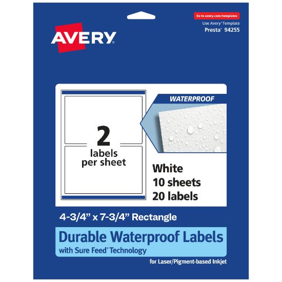 Picture of Avery Waterproof Permanent Labels With Sure Feed, 94255-WMF10, Rectangle, 4-3/4in x 7-3/4in, White, Pack Of 20