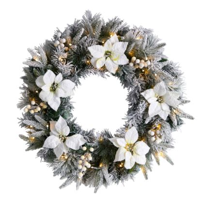 Picture of Nearly Natural 24inH Flocked Poinsettia And Pine Artificial Christmas Wreath With 50 LED Lights, 24in x 5in, Green