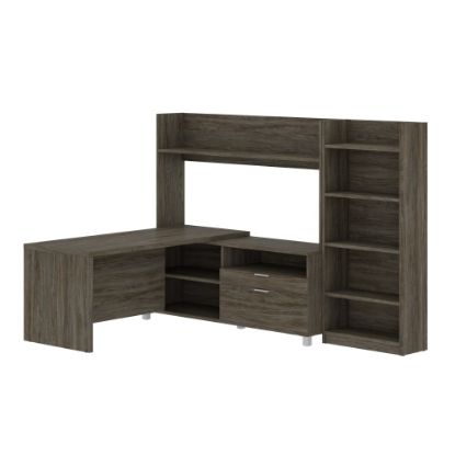 Picture of Bestar Pro-Linea L-Shaped Desk With Hutch And Bookcase, Walnut Gray