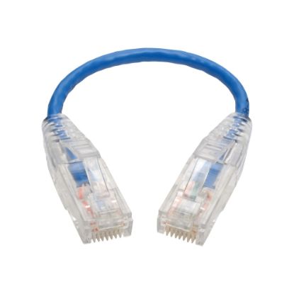 Picture of Tripp Lite Cat6 UTP Patch Cable (RJ45) - M/M, Gigabit, Snagless, Molded, Slim, Blue, 8 in. - First End: 1 x RJ-45 Male Network - Second End: 1 x RJ-45 Male Network - 1 Gbit/s - Patch Cable - Gold Plated Contact - 28 AWG - Blue