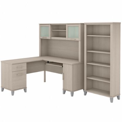 Picture of Bush Furniture Somerset 60inW L-Shaped Desk With Hutch And 5-Shelf Bookcase, Sand Oak, Standard Delivery