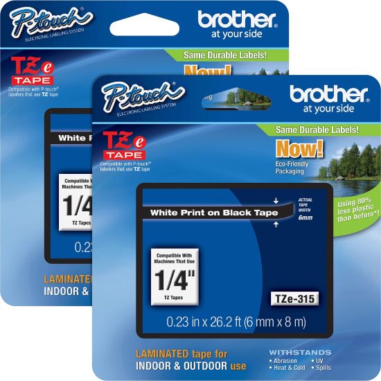 Picture of Brother P-touch TZe Laminated Tape Cartridges, 1/4inW x 26 1/4L , Rectangle, White, 2 Per Bundle