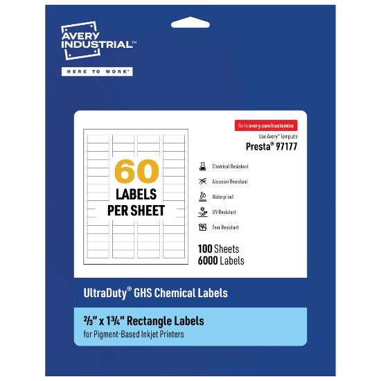 Picture of Avery Ultra Duty Permanent GHS Chemical Labels, 97177-WMUI100, Rectangle, 2/3in x 1-3/4in, White, Pack Of 6,000