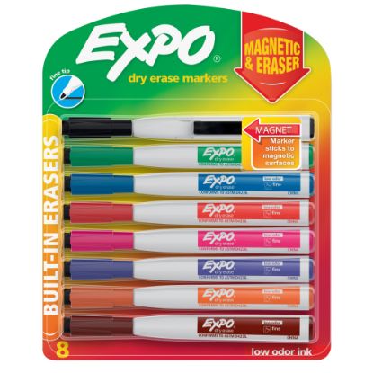 Picture of EXPO Magnetic Dry Erase Markers With Eraser, Fine Tip, Assorted Ink Colors, Pack Of 8