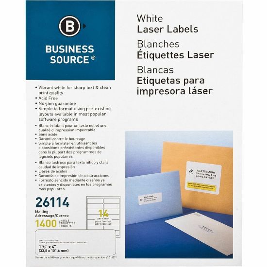 Picture of Business Source Bright White Premium-quality Address Labels - 1 1/3in Width x 4in Length - Permanent Adhesive - Rectangle - Laser, Inkjet - White - 14 / Sheet - 100 Total Sheets - 1400 / Pack - Lignin-free, Jam-free