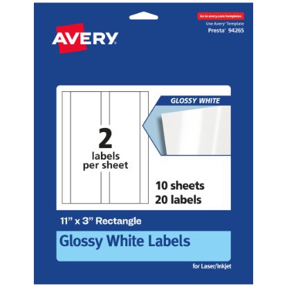 Picture of Avery Glossy Permanent Labels, 94265-WGP10, Rectangle, 11in x 3in, White, Pack Of 20