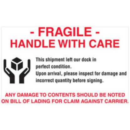 Picture of Tape Logic Preprinted Pallet Protection Labels, DL3191, 6in x 4in, "Fragile / Handle With Care / Any Damage To Contents Should Be Noted," Red/White, Roll Of 500