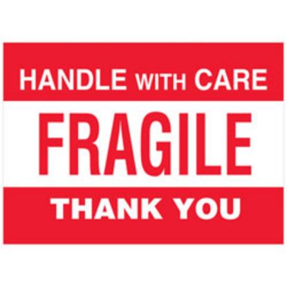 Picture of Tape Logic Preprinted Pallet Protection Labels, DL3182, 6in x 4in, "Handle With Care / Fragile / Thank You," Red/White, Roll Of 500