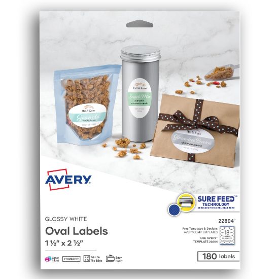 Picture of Avery Printable Blank Labels, 22804, Oval, 1.5in x 2.5in, Glossy White, Pack Of 180 Customizable Labels