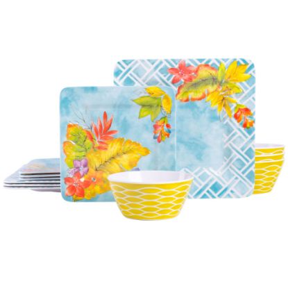 Picture of Gibson Laurie Gates Tropicalla 12-Piece Square Melamine Dinnerware Set, Blue