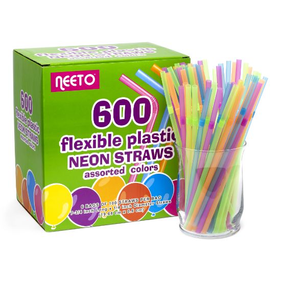 Picture of Neeto Flexible Plastic Neon Straws, Assorted Colors, Pack Of 600 Straws