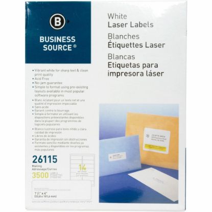 Picture of Business Source Bright White Premium-quality Address Labels - 1 1/3in Width x 4in Length - Permanent Adhesive - Rectangle - Laser, Inkjet - White - 14 / Sheet - 250 Total Sheets - 3500 / Pack - Lignin-free, Jam-free